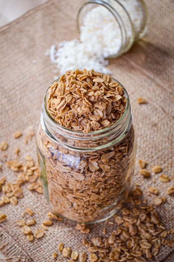 This Healthy Cinnamon Granola is made with oats, coconut oil, and maple syrup. No refined or artificial sweeteners, and absolutely delicious!